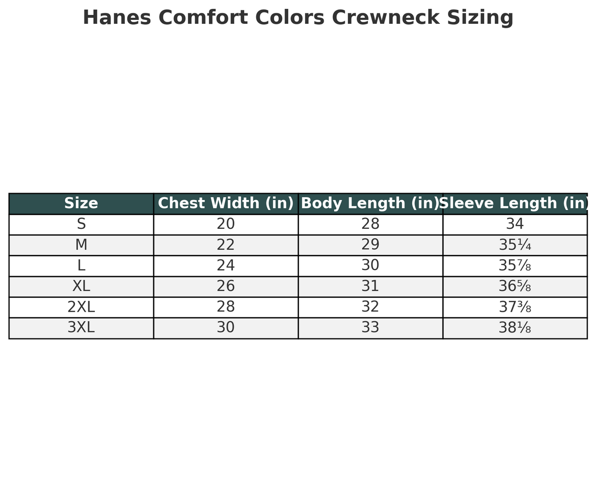 Hanes Comfort Colors Crewneck sizing chart with chest width, body length, and sleeve length measurements.
