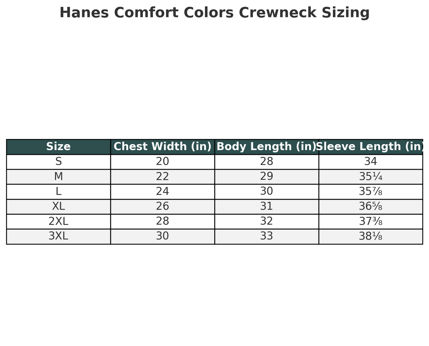 Hanes Comfort Colors Crewneck sizing chart with chest width, body length, and sleeve length measurements.